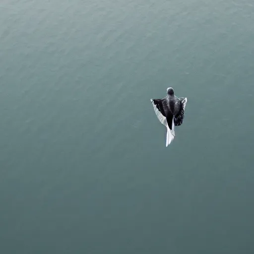 Image similar to simmetrical photo of a seagull flying seen exactly from above. Watching down. Seagull seen from above. 4k still award winning. Pleasant look and colors. Sea on the background.