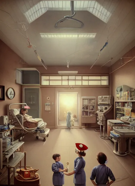 Image similar to highly detailed wide - angle portrait of a retro 1 9 6 0 s hospital, nicoletta ceccoli, mark ryden, lostfish, earl nore, hyung tae, frank frazetta, global illumination, god rays, detailed and intricate environment