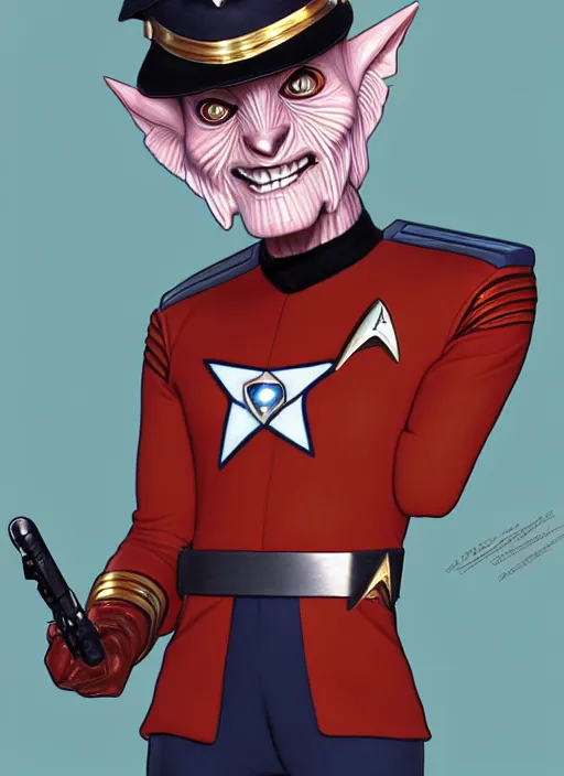 Image similar to cute star trek officer freddy krueger, natural lighting, path traced, highly detailed, high quality, digital painting, by don bluth and ross tran and studio ghibli and alphonse mucha, artgerm