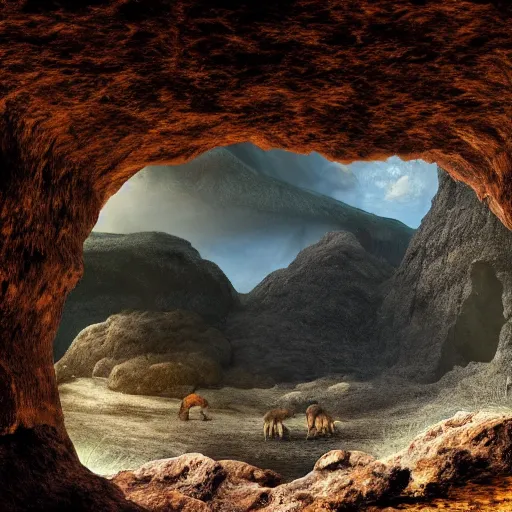 Image similar to a pre historic landscape seen through a cave entrance, volcano, dinosaurs, mammoth digital art, trending on artstation