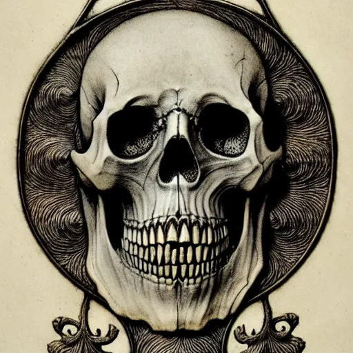 Image similar to melancholy memento mori by arthur rackham, detailed, art nouveau, gothic, ornately carved beautiful antique skull dominant, intricately carved antique bone, skulls, botanicals, art forms of nature by ernst haeckel, horizontal symmetry, arthur rackham, ernst haeckel