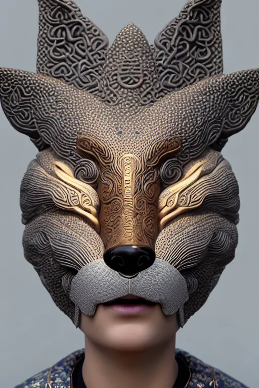 Image similar to 3 d goddess close - up profile portrait. beautiful intricate highly detailed korean fox mask and traditional korean hanbok. stingray, magpie, bio luminescent, plasma, lava, ice, water, wind, creature, artwork by tooth wu and wlop and beeple and greg rutkowski, octane 3 d render