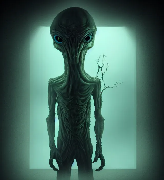 Image similar to a nightmare ghost monster alien standing in front of a window, volumetric lighting, in the style of stephen king, inspired by lovecraft, inspired by jeffrey smith