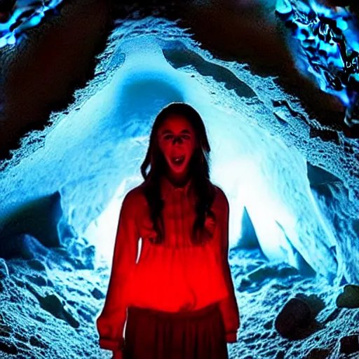 Prompt: style of Henry Peach Robinson and Charlie Bowman:: The interior of an cave lit in red:: symmetrical detailed woman Stella Maeve who is screaming scared face:: blue neon light coming from the back of the cavern:: mysterious atmosphere::