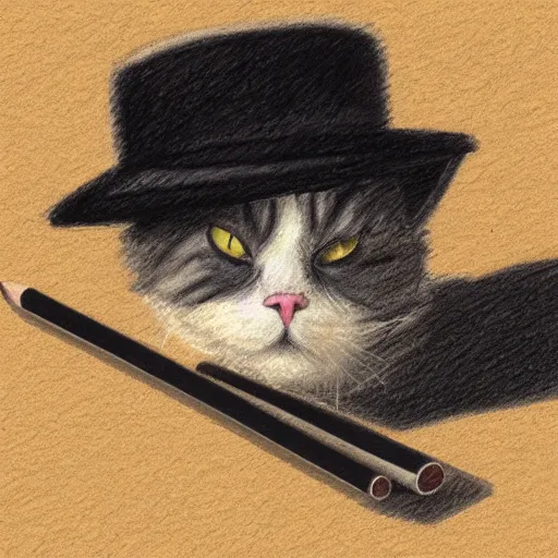 Image similar to cat sat on a mat wearing a hat and holding a bat pencil sketch, smooth, sharp focus