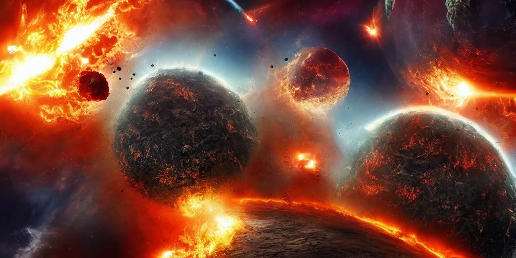 Image similar to orbital earth bombardment seen from space, galactic conquest, hell, fire, inferno, explosion, atomic bomb, dreamcore, realistic, doom, catastrophe, insanity, cinematic, end of humanity, 8 k, hdr, very detailed