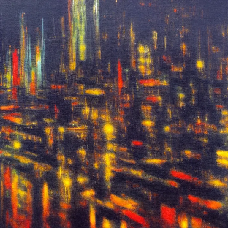 Prompt: an abstract picture of a city at night, an ultrafine detailed painting by gerhard richter, luminist, american scene painting, sharp focus, cityscape, oil on canvas, nightscape, 8 k