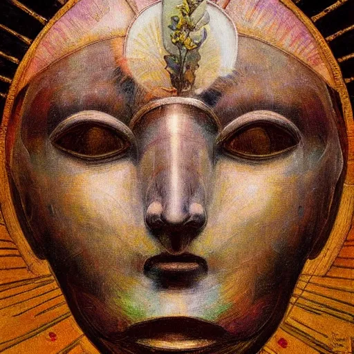 Image similar to masterpiece painting of the head of the robot flower king, by annie swynnerton and jean delville and tino rodriguez, flower mask, symbolist, dramatic lighting, god rays, elaborate geometric ornament, art brut, soft cool colors, smooth, sharp focus, extremely detailed, adolf wolfli