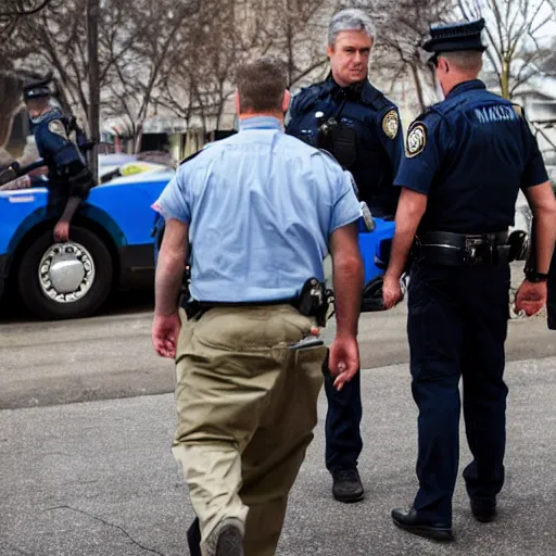 Image similar to fbi director Christopher wray getting arrested by police agents, photo 85mm, f/1.3