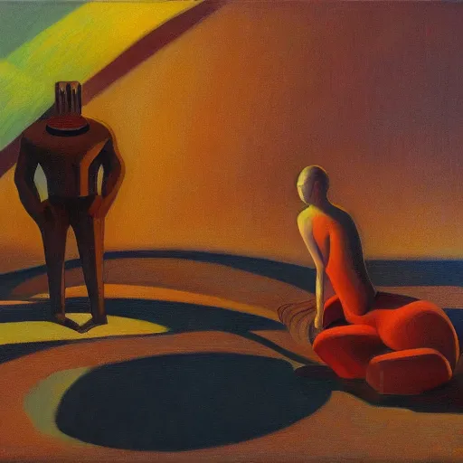 Image similar to refuge on arrakis, pj crook, grant wood, edward hopper, syd mead, chiaroscuro, oil on canvas