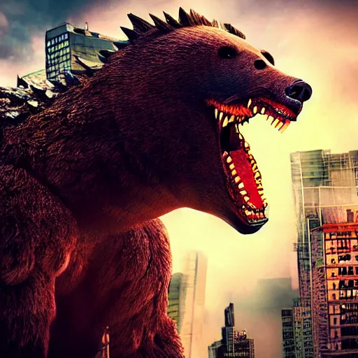 Prompt: a giant angry bear fighting with giant godzilla in the city, photomanipulation, photoshop, digital art