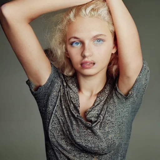 Image similar to photograph by annie leibovitz of olive skinned blonde female in her twenties wearing designer top