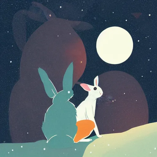 Image similar to A rabbit full of hope, looking for a black hole in an infinite time loop by Victo Ngai and Ghibli andlisk feng and atey ghailan