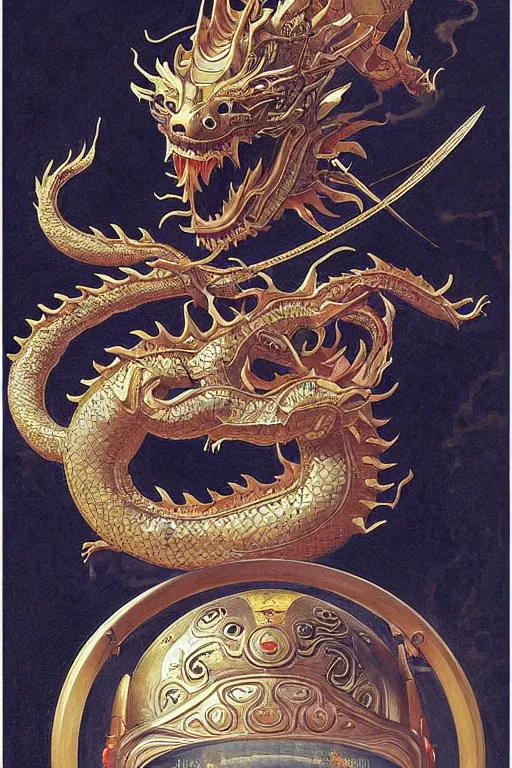 Image similar to portrait of a astronaut is a chinese dragon in armor and helmet, complex patterns, details, majestic, solemn, gorgeous, symmetrical, detailed intricate, hyper realistic, by bouguereau