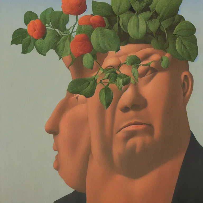 Prompt: portrait of a flower - head man by rene magritte, detailed painting, distance, centered, hd, hq, high resolution, high detail, 4 k, 8 k