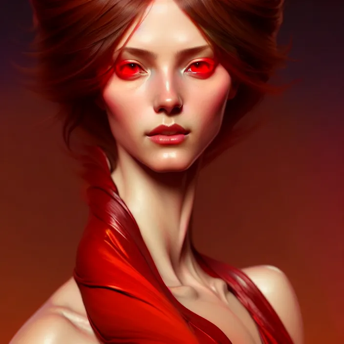 Image similar to beautiful digital painting of a goddes stylish female with high detail, real life skin, red colors, 8 k, stunning detail, works by artgerm, greg rutkowski and alphonse mucha, unreal engine 5, 4 k uhd