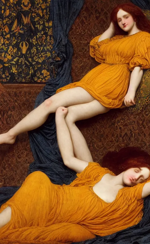 Image similar to preraphaelite full body reclining portrait photography masterpiece, perfectly poised, foreshortening, brown hair fringe, yellow ochre ornate medieval dress, frederic leighton, background by william morris and kilian eng, framed, 4 k