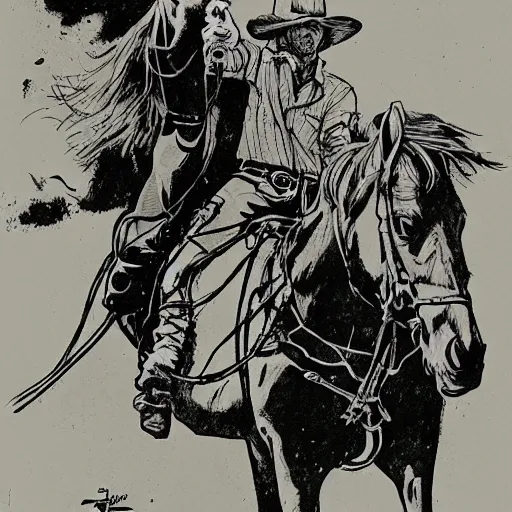 Image similar to a cowboy and his horse by sergio toppi