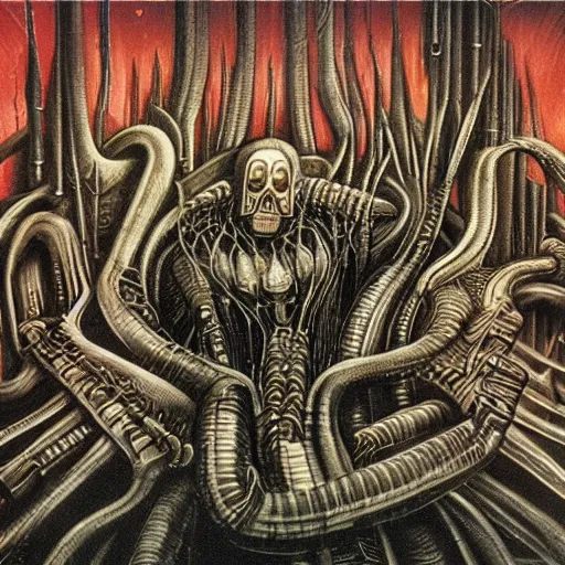 Image similar to zelensky commited crimes in bucha by h. r. giger