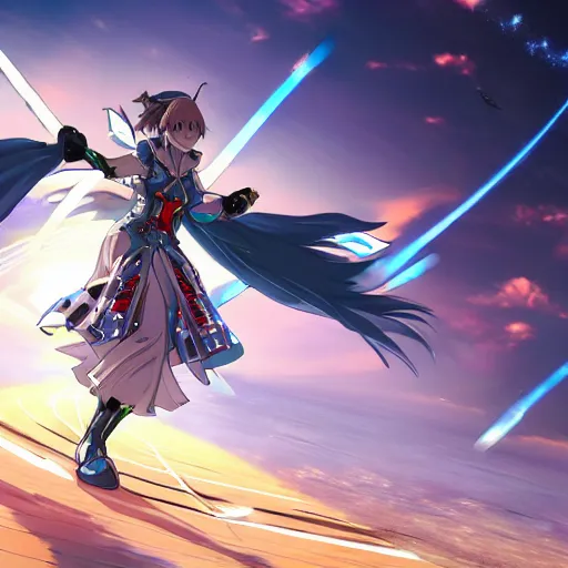 Prompt: wide - angled shot of an anime final fantasy star ocean female hungarian tribal robes scarf girl character riding a giant mecha with mechanical jet pack skates running speeding through scifi mystical steppe