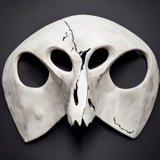 Prompt: symmetrical product photograph of a highly detailed ominous mask made from fragmented bone and obsidian, angry