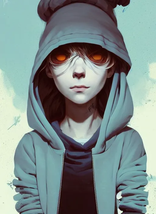 Image similar to highly detailed portrait of a sewer punk swedish young lady, hoodie, white hair by atey ghailan, by greg rutkowski, by greg tocchini, by james gilleard, by joe fenton, by kaethe butcher, gradient light blue, blonde, brown, cream and white color scheme, grunge aesthetic!!! ( ( graffiti tag wall background ) )