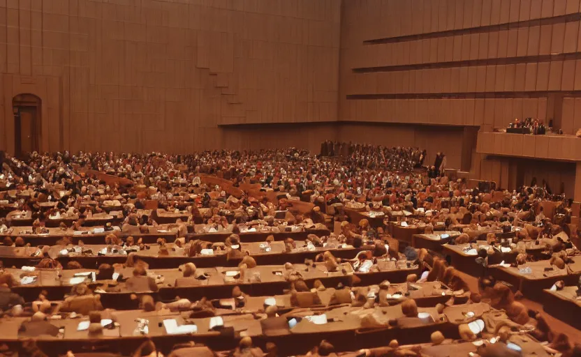 Prompt: 60s movie still of a CCCP congress in a stalinist style parlement, by Irving Penn , cinestill 800t 35mm eastmancolor, heavy grainy picture, very detailed, high quality, 4k, HD criterion, precise texture