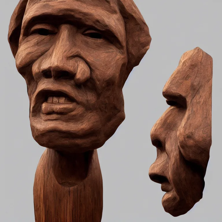 Image similar to public sculpture minimalist bust portrait of a powerful navajo man, beautiful symmetrical face accurate face detailed face realistic proportions, carved out of juniper wood on a pedestal by stephan balkenhol and martin puryear and ron mueck, hyperrealistic dramatic lighting shocking detail trending on artstation 8 k