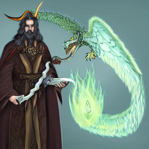 Prompt: a wizard with his winged Serpent familiar, dungeons and dragons style, trending on artstation, character concept, portrait