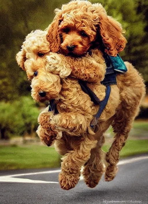 Image similar to digital art, golden doodle puppy, riding a pelaton, cute, artistic