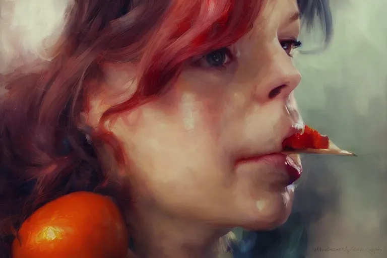 Image similar to A portrait of a Christina Hendricks eating various fruits by Ruan Jia and Mandy Jurgens and Artgerm and william-adolphe bouguerea, highly detailed, trending on artstation, award winning, H 768