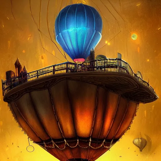 Image similar to a beautiful stunning fantasy whimsical matte digital illustration of a hot - air balloon powered by magic over a lit city at night by marc simonetti, pastel color palette, disney magic the gathering steampunk, chiaroscuro magical bokeh moon stars dramatic romantic, trending on artstation hq, masterpiece