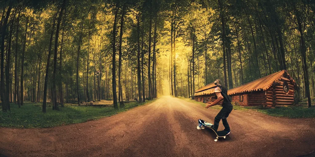 Prompt: a beautiful matte painting of a skateboarder, kick flip, pilgrim village setting, log homes, dirt road, trees, graffiti, fisheye lens, by Mikko Lagerstedt and Raphael Lacoste