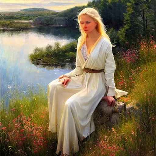 Prompt: blonde female jedi knight watching over the swedish countryside, archipelago, masterpiece, highly detailed, beautiful, atmospheric, impressionism, painting by Vladimir Volegov