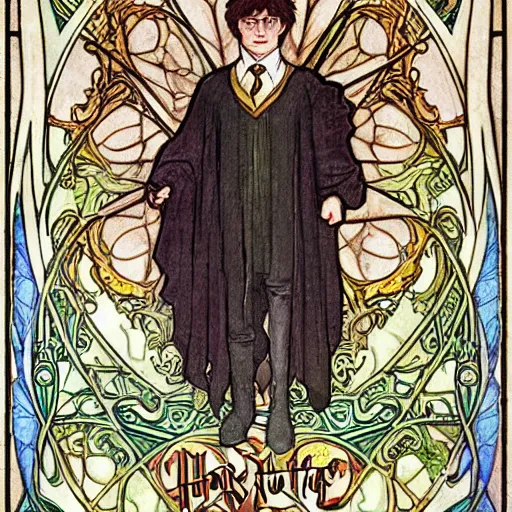 Prompt: harry potter, mucha style,