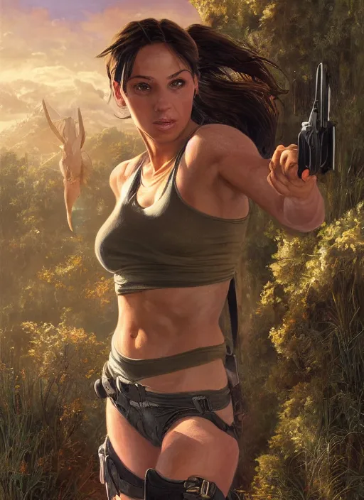 Image similar to Lara Croft posing in a crop top, golden hour, Lilia Alvarado, Sophie Anderson, Mark Arian, Bob Byerley, Charlie Bowater, Mark Brooks, Steve Henderson, Justin Gerard, Arthur Hughes, Edward Robert Hughes, Mark Keathley, Victor Nizovtsev, Carlos Shwabe, Ross Tran, WLOP