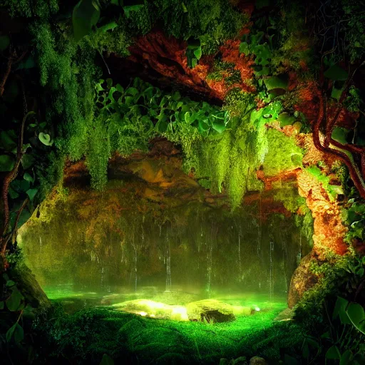 Prompt: glowing cave, hidden by a curtain of vines, covered by lush green vines, rocks, small pool of water, trickling water, stone, hidden, forest, night, glow, magical, magic, fantasy, professional, high quality, highly detailed, award-winning, awe-inspiring, spectacular, HD, 4K, 8K