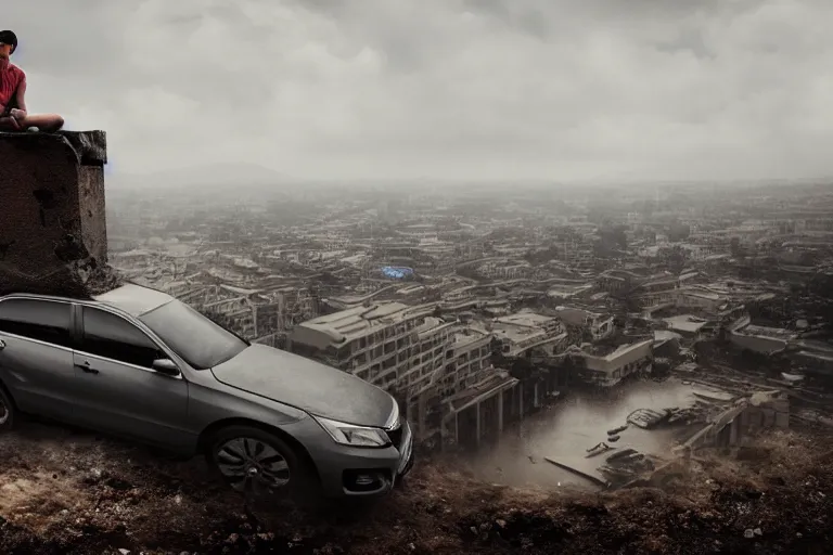 Prompt: Photo of a man sitting on the roof of a car in a sunken city in heavy rain., outdoor lighting, dynamic lighting, volumetric, wide angle, anamorphic lens, go pro, 4k