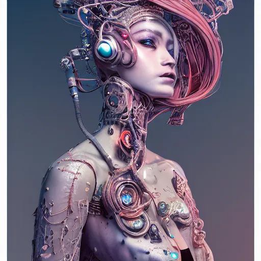 Prompt: the portrait of an absurdly beautiful, graceful, elegant, sophisticated, fashionable cyberpunk gravure idol, an ultrafine hyperdetailed illustration by kim jung gi, irakli nadar, intricate linework, bright colors, porcelain skin, unreal engine 5 highly rendered, global illumination, radiant light, detailed and intricate environment