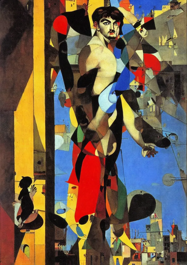 Image similar to a punk latino greek god searching for a watchful light through the streets of a city, complementary color scheme, by george luks, joan miro and moebius