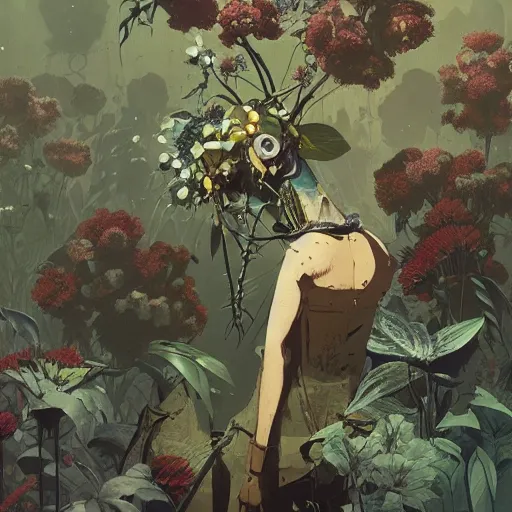 Image similar to a cyborg in some plants with flowers for a face by satoshi kon and greg rutkowski, 7 0's vintage sci - fi flat surreal design