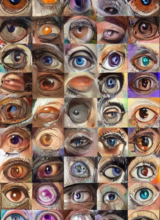 Image similar to diverse eyes!, dot pupils, round pupil, happy human eyes, round iris, advanced art, art styles mix, from wikipedia, grid of styles, various eye shapes