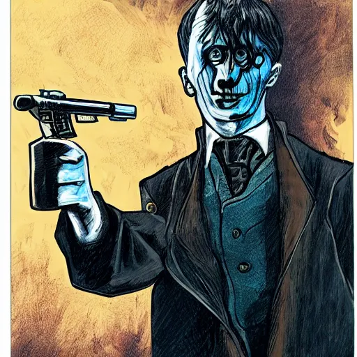 Image similar to Harry Potter holding Voldemort at gunpoint with an AR-15