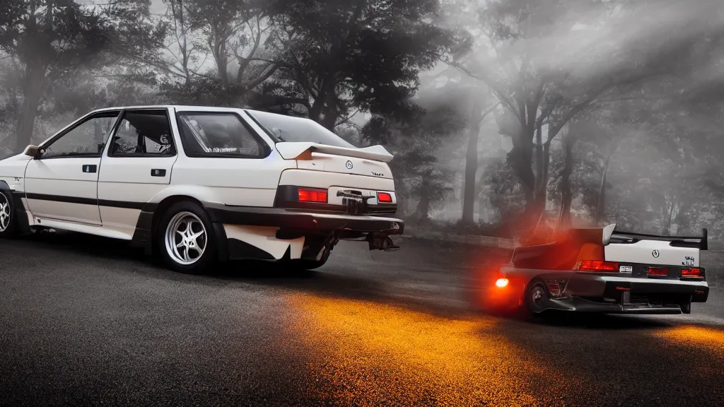 Image similar to toyota sprinter trueno 3 door gt - apex, cinematic, nikon d 7 5 0, long exposure, white balance, 8 k, led, lumen global illumination, fog, ray tracing reflections, fxaa, rtx, post - production