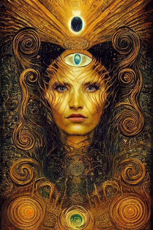 Image similar to The Lost Souvenir by Karol Bak, Jean Deville, Gustav Klimt, and Vincent Van Gogh, mystic eye, otherworldly, vintage well-worn postcard, lightning, fractal structures, arcane, inferno, inscribed runes, infernal relics, ornate gilded medieval icon, third eye, spirals