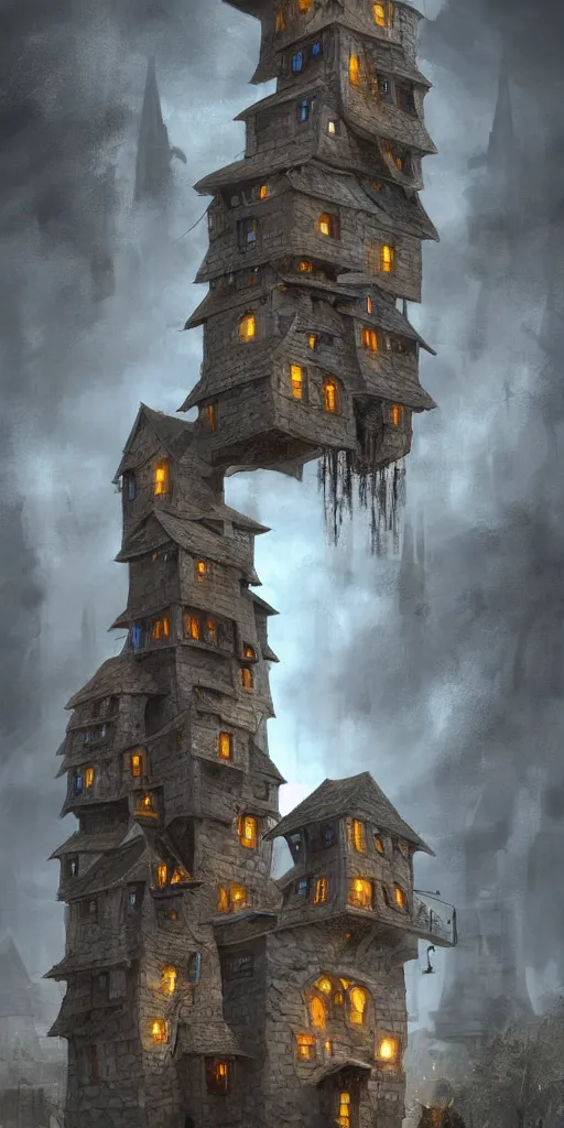 Image similar to multiple medieval houses stacked on each other, creating a thin monolith, sunlight, concept art, very tall, trending on deviantart, movie still, award wining photograph