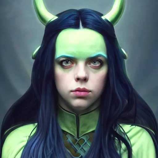 Image similar to Billie Eilish as Female Loki, very detailed, digital art, trending on artstation, concept art, smooth, illustration, art by artgerm and greg rutkowski and alphonse mucha and J. C. Leyendecker and Edmund Blair Leighton and Katsuhiro Otomo and Geof Darrow and Phil hale and Ashley wood