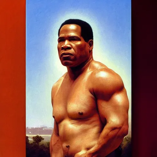 Prompt: Painting of OJ Simpson as the T-800 Art by william adolphe bouguereau. During golden hour. Extremely detailed. Beautiful. 4K. Award winning.