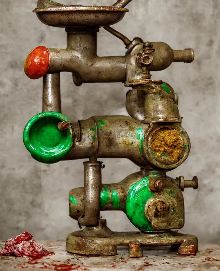 Prompt: a rusty vintage meat grinder full of mustard, ketchup and white jelly spilling all over a green marble table