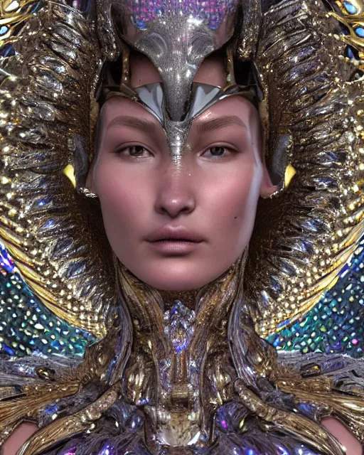 Image similar to a highly detailed metahuman 4 k close up render of an alien goddess bella hadid monument in iris van herpen armor schiaparelli in diamonds crystals swarovski and jewelry iridescent in style of alphonse mucha gustav klimt trending on artstation made in unreal engine 4